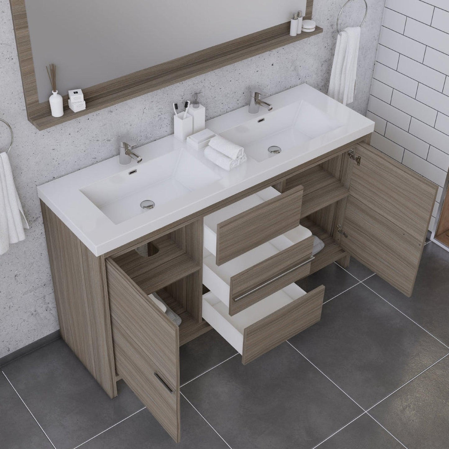 Alya Bath Sortino 60" Double Gray Modern Freestanding Bathroom Vanity With Acrylic Top and Integrated Sink