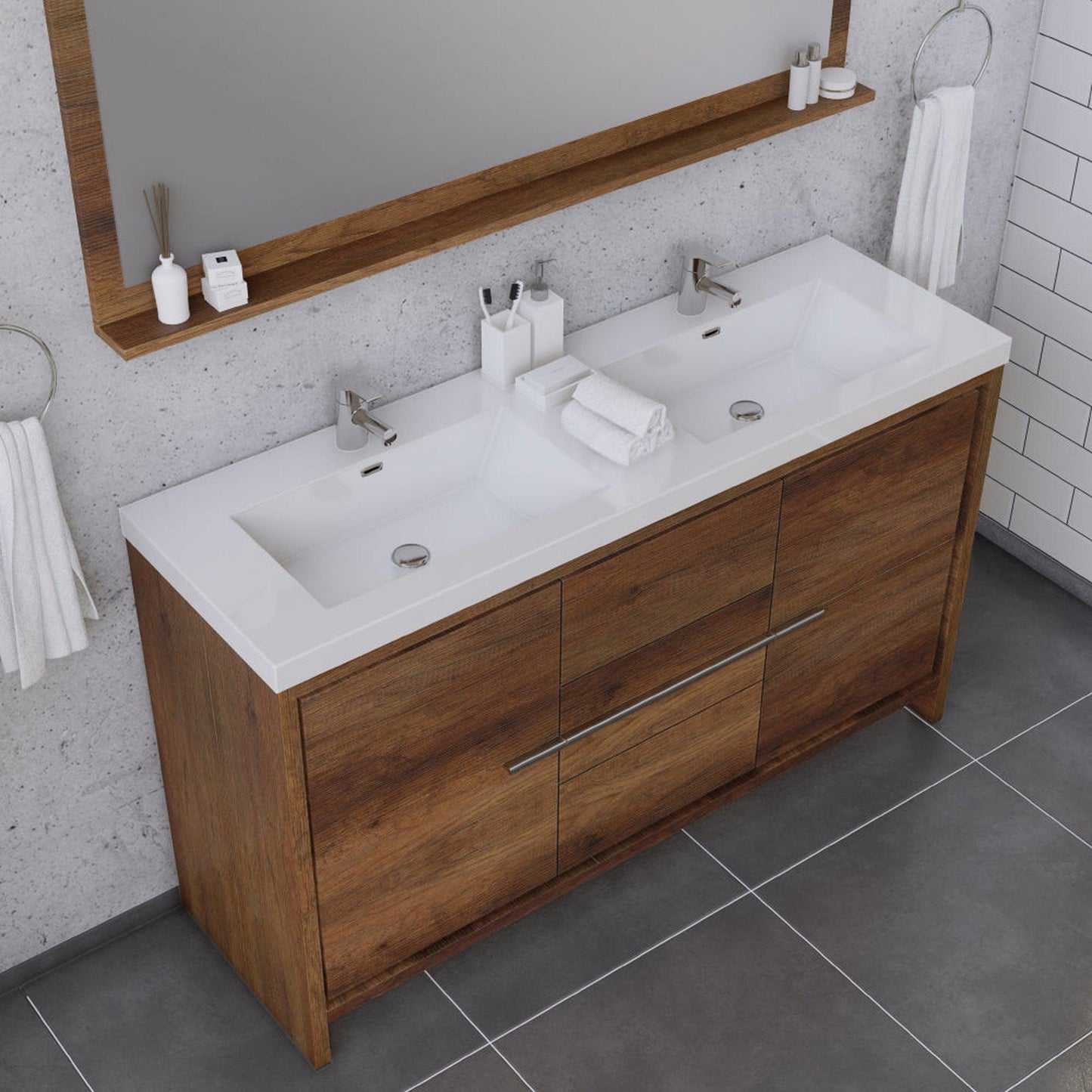 Alya Bath Sortino 60" Double Rosewood Modern Freestanding Bathroom Vanity With Acrylic Top and Integrated Sink