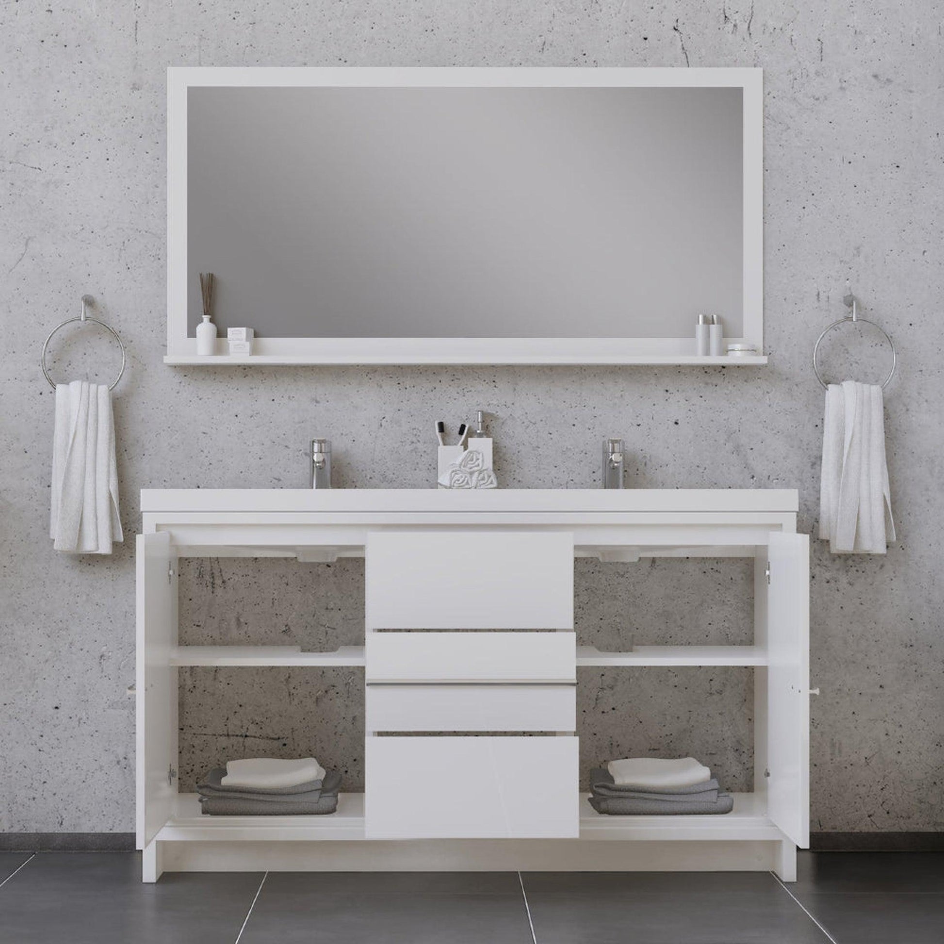 Alya Bath Sortino 60" Double White Modern Freestanding Bathroom Vanity With Acrylic Top and Integrated Sink