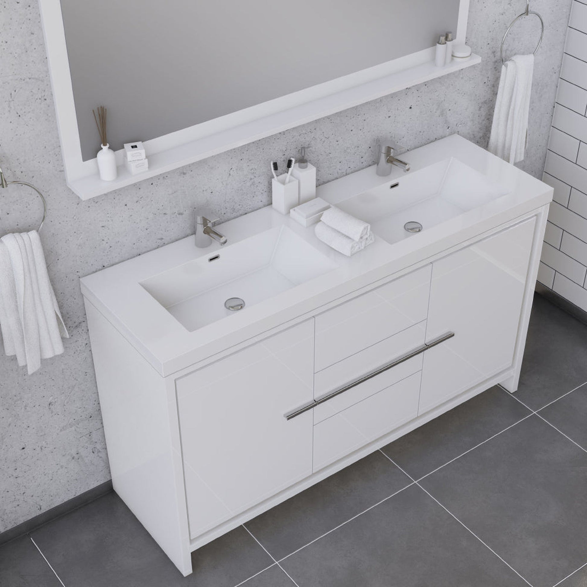 Alya Bath Sortino 60" Double White Modern Freestanding Bathroom Vanity With Acrylic Top and Integrated Sink