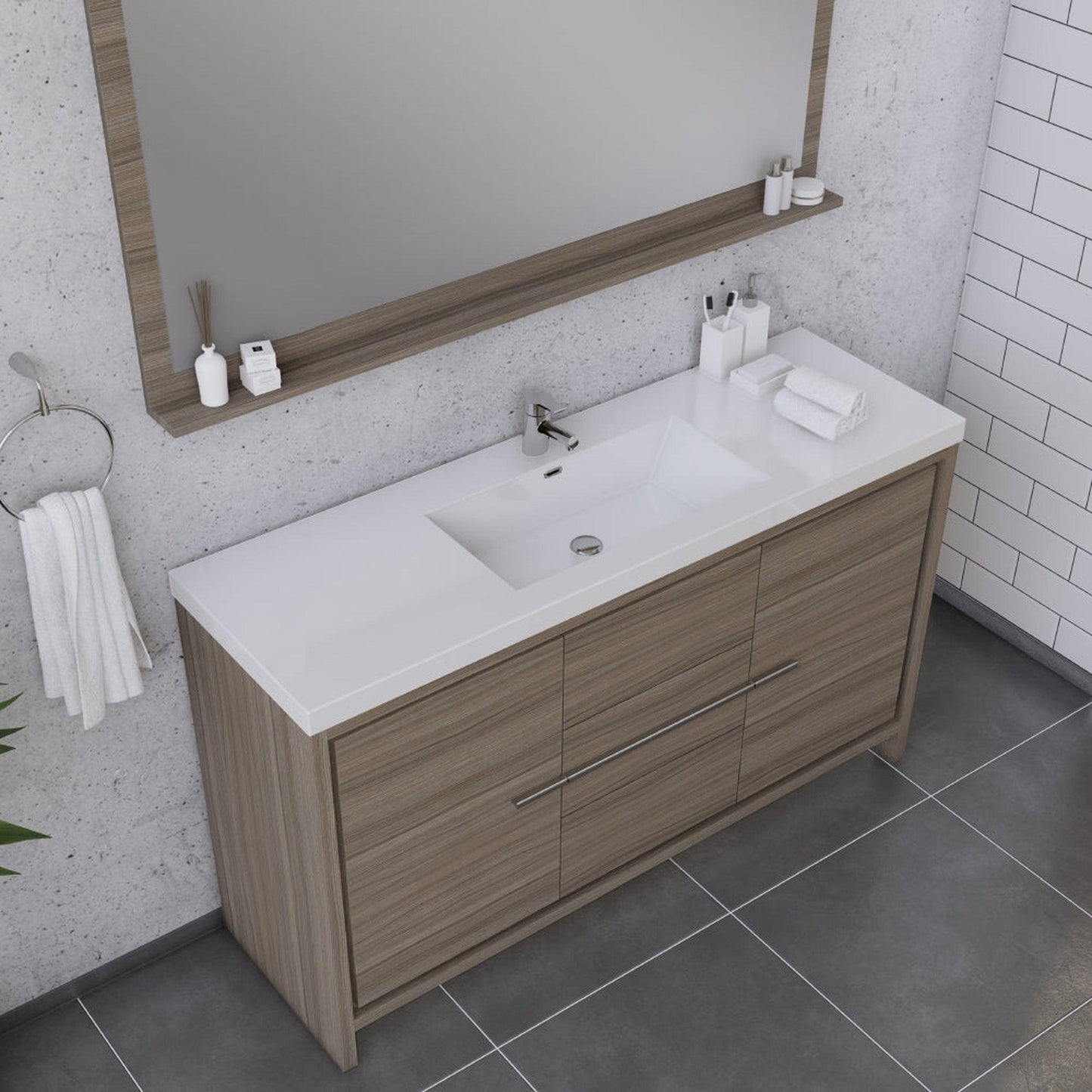 Alya Bath Sortino 60" Single Gray Modern Freestanding Bathroom Vanity With Acrylic Top and Integrated Sink