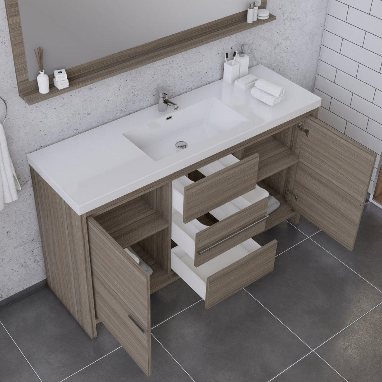 Alya Bath Sortino 60" Single Gray Modern Freestanding Bathroom Vanity With Acrylic Top and Integrated Sink
