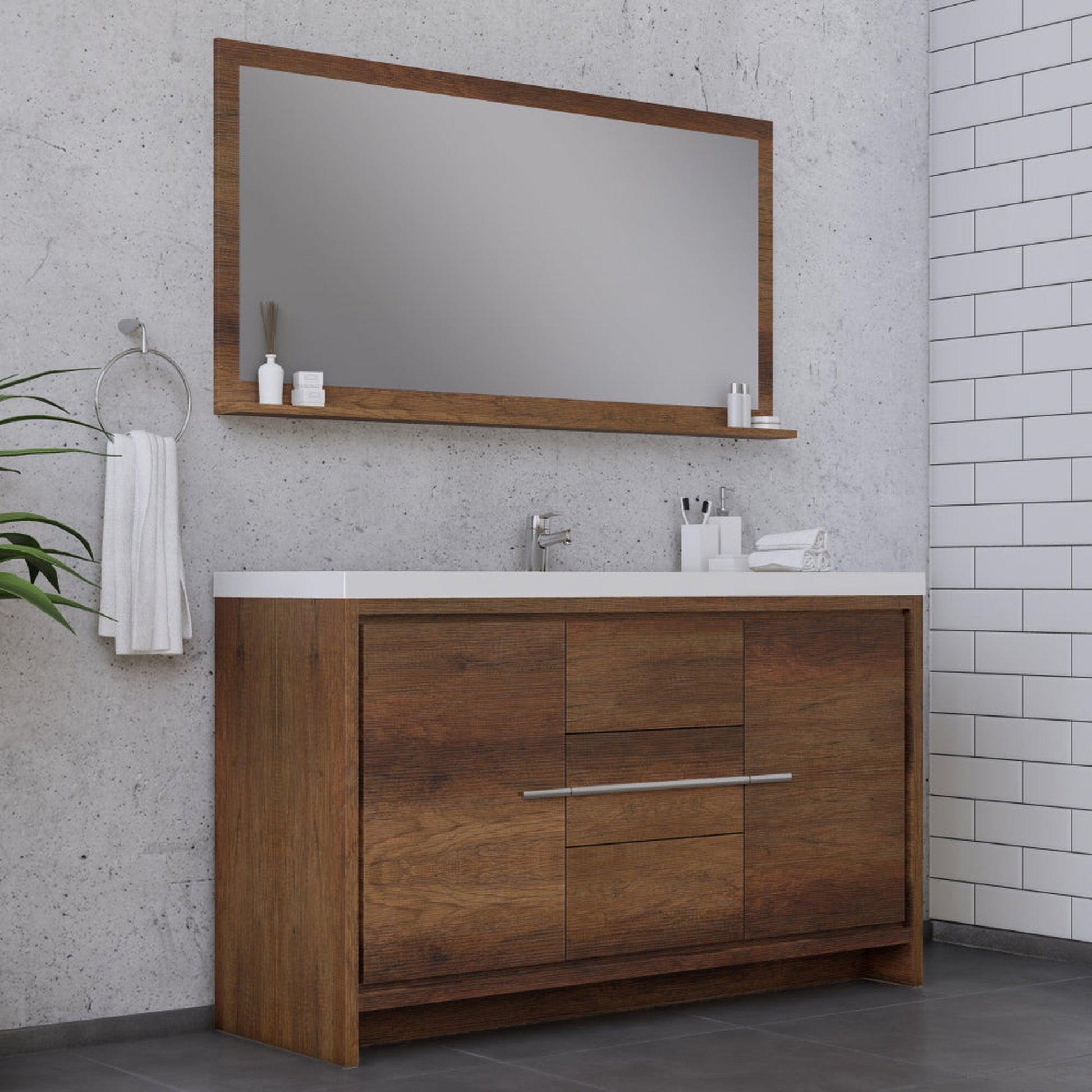 Alya Bath Sortino 60" Single Rosewood Modern Freestanding Bathroom Vanity With Acrylic Top and Integrated Sink