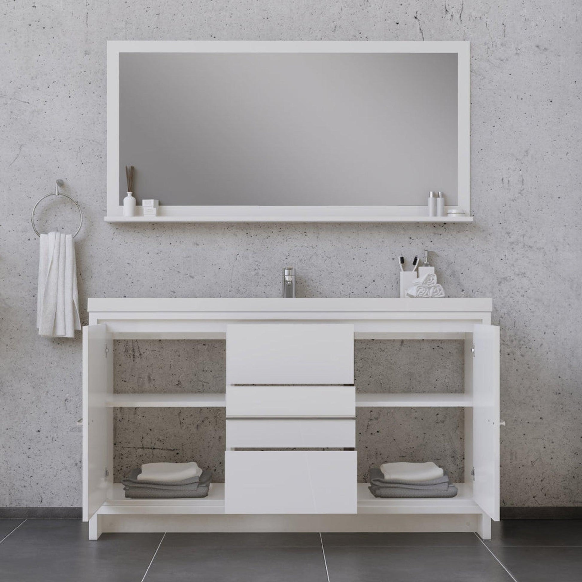 Alya Bath Sortino 60" Single White Modern Freestanding Bathroom Vanity With Acrylic Top and Integrated Sink