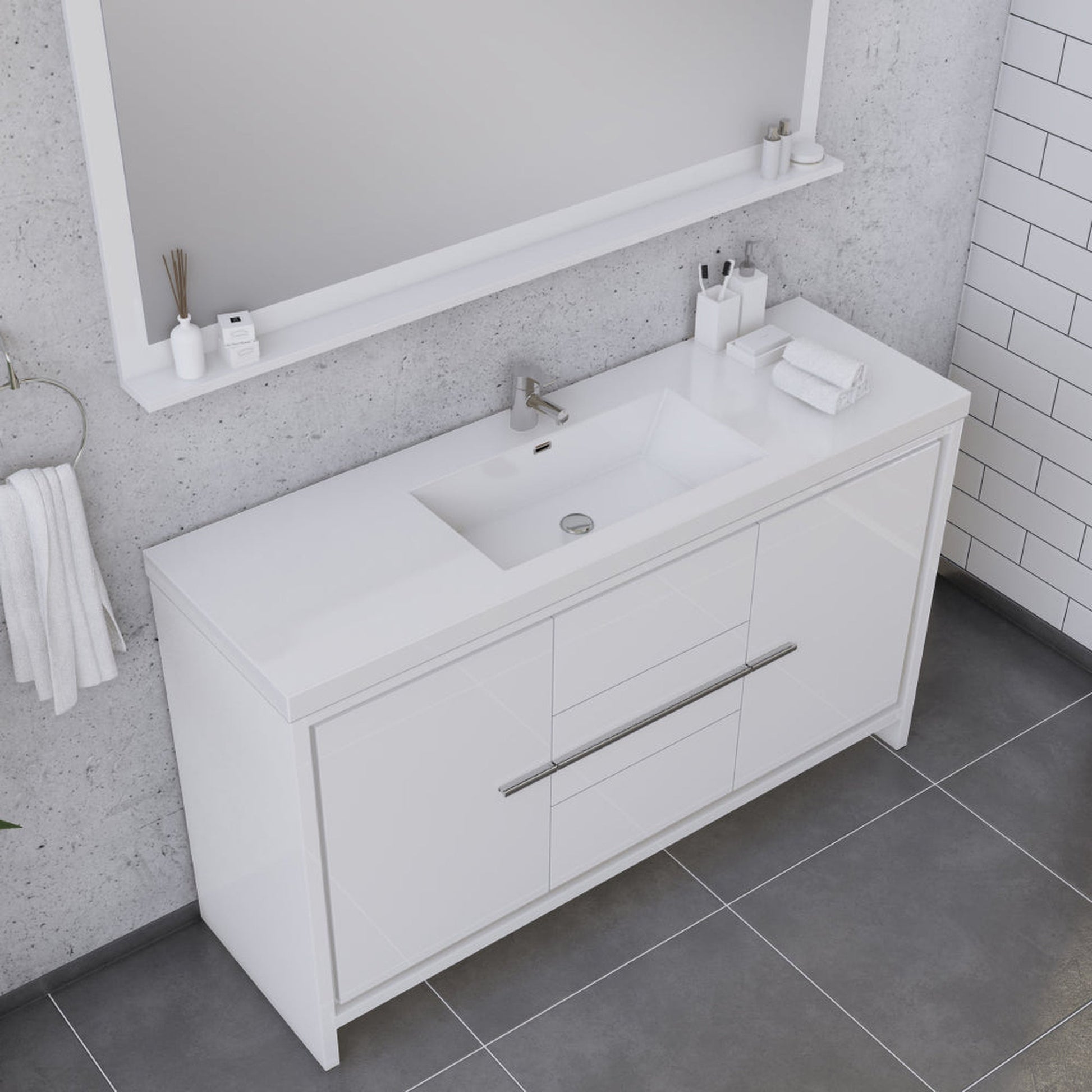 Alya Bath Sortino 60" Single White Modern Freestanding Bathroom Vanity With Acrylic Top and Integrated Sink