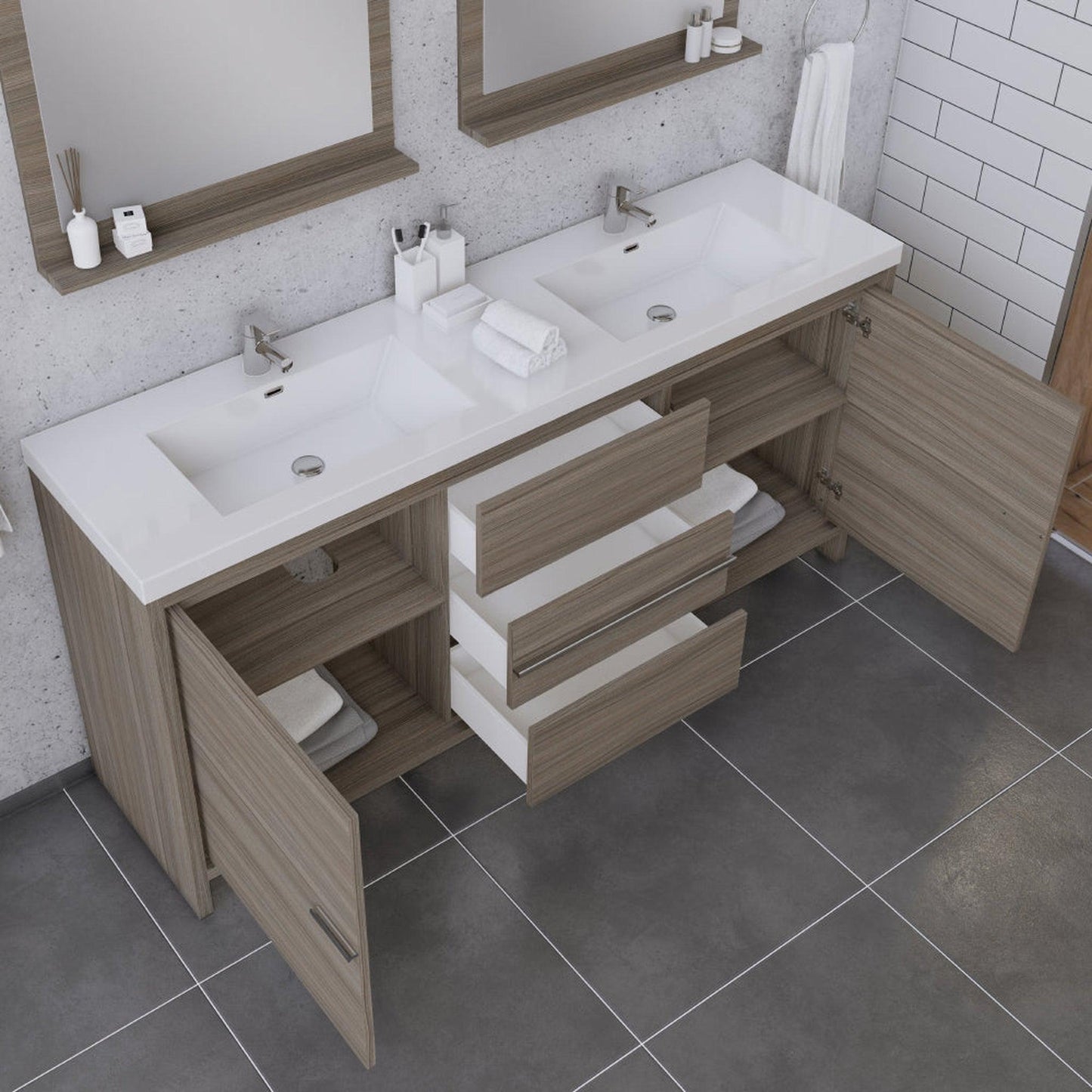 Alya Bath Sortino 72" Double Gray Modern Freestanding Bathroom Vanity With Acrylic Top and Integrated Sink