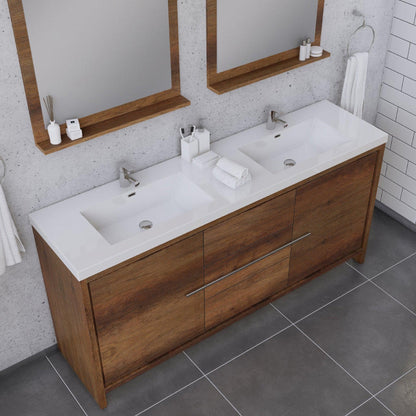 Alya Bath Sortino 72" Double Rosewood Modern Freestanding Bathroom Vanity With Acrylic Top and Integrated Sink