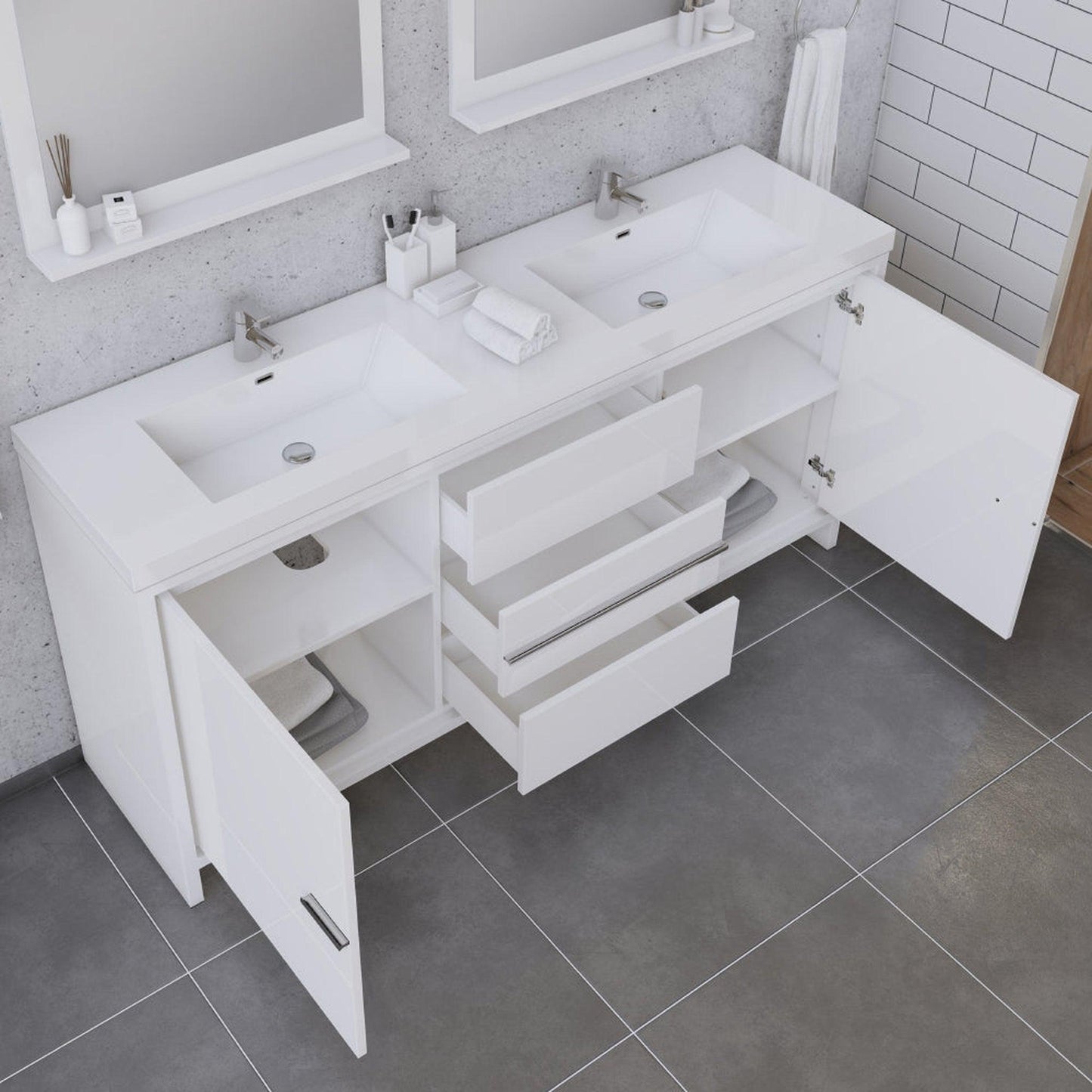Alya Bath Sortino 72" Double White Modern Freestanding Bathroom Vanity With Acrylic Top and Integrated Sink