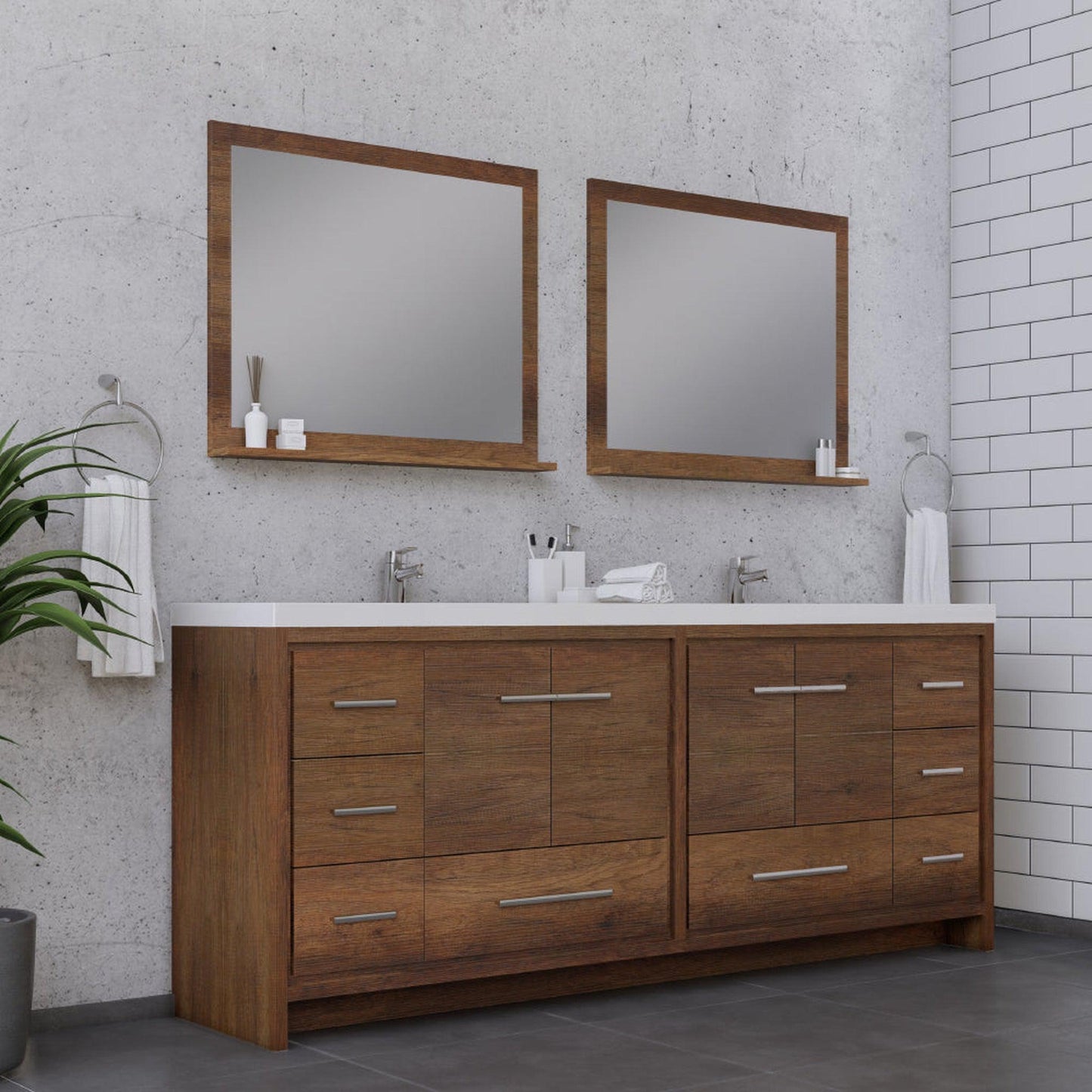Alya Bath Sortino 84" Double Rosewood Modern Freestanding Bathroom Vanity With Acrylic Top and Integrated Sink