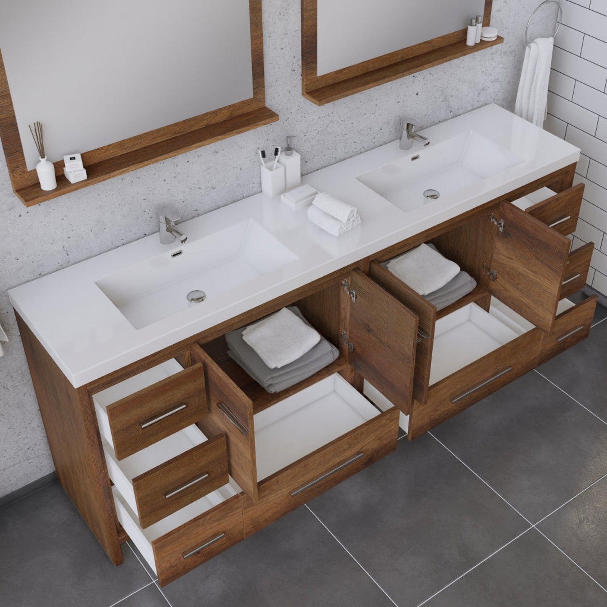 Alya Bath Sortino 84" Double Rosewood Modern Freestanding Bathroom Vanity With Acrylic Top and Integrated Sink