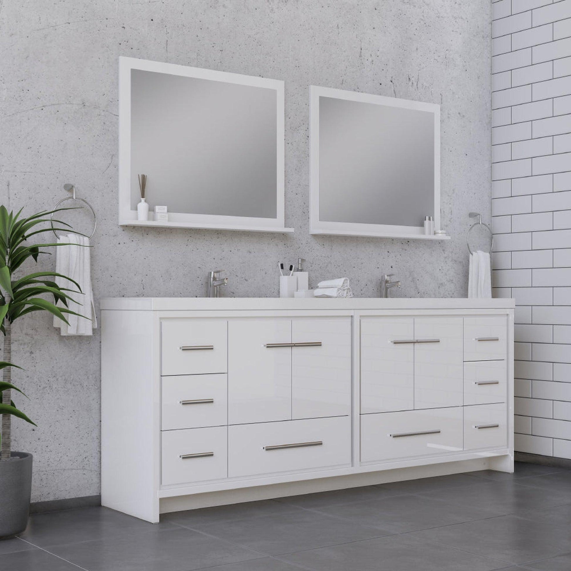 Alya Bath Sortino 84" Double White Modern Freestanding Bathroom Vanity With Acrylic Top and Integrated Sink