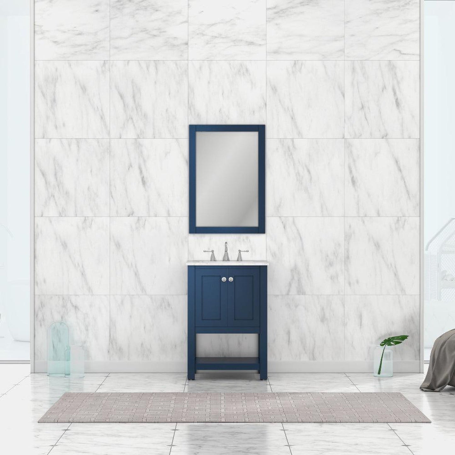 Alya Bath Wilmington 24" Single Blue Freestanding Bathroom Vanity With Carrara Marble Top, Ceramic Sink and Wall Mounted Mirror