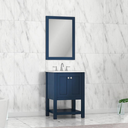 Alya Bath Wilmington 24" Single Blue Freestanding Bathroom Vanity With Carrara Marble Top, Ceramic Sink and Wall Mounted Mirror