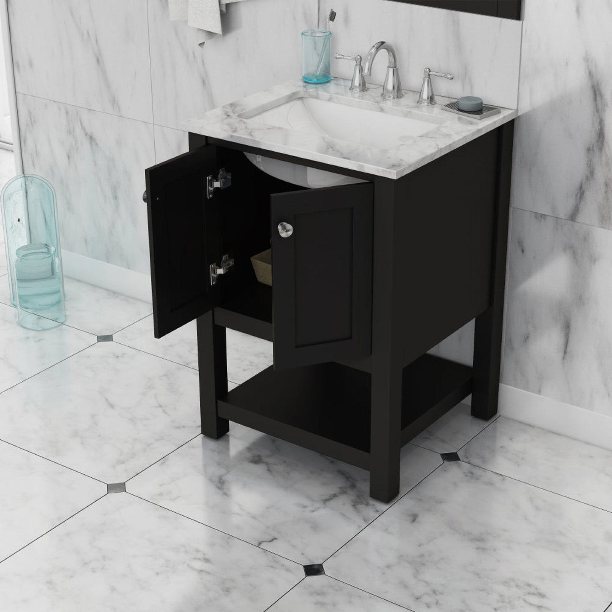 Alya Bath Wilmington 24" Single Espresso Freestanding Single Bathroom Vanity With Carrara Marble Top, Ceramic Sink and Wall Mounted Mirror