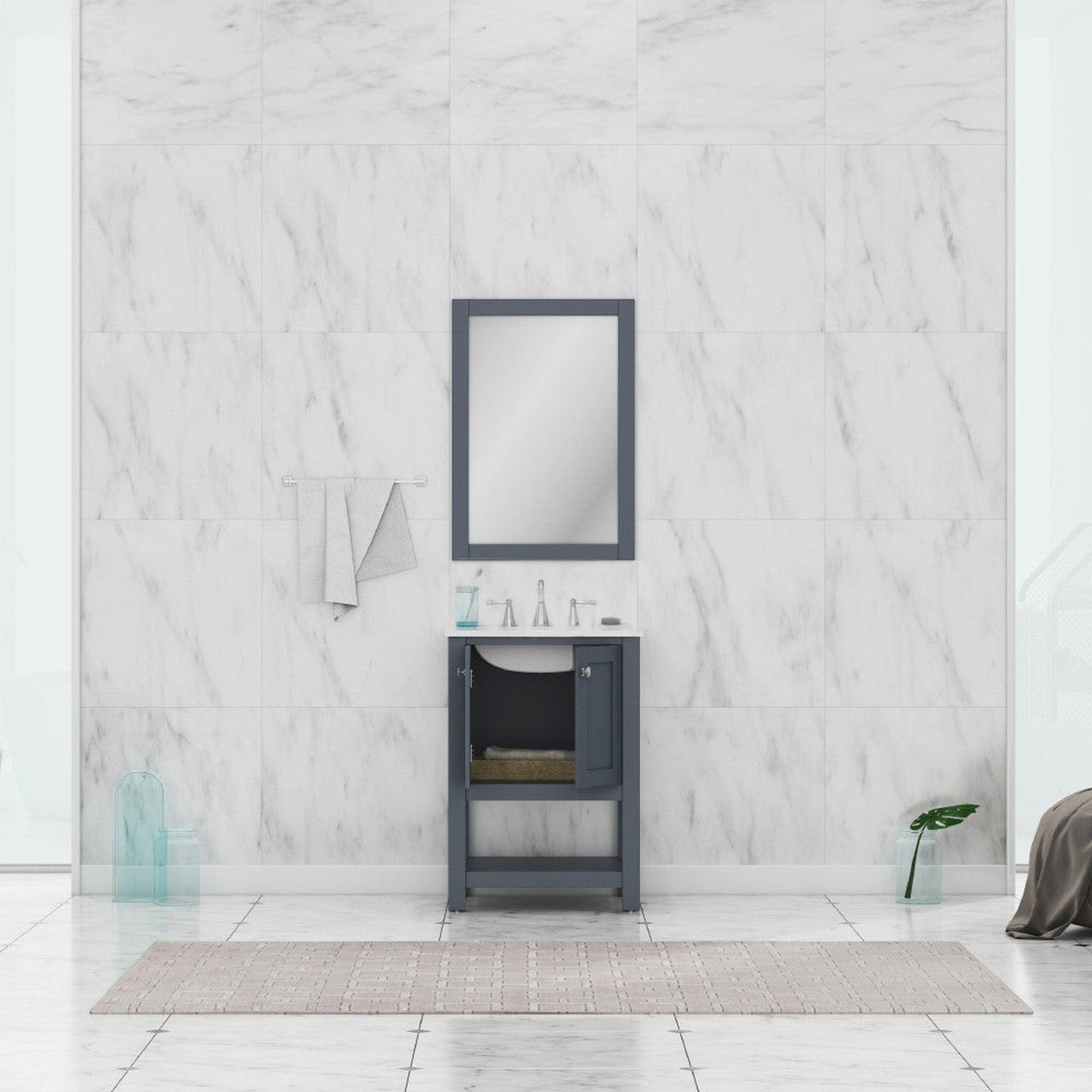 Alya Bath Wilmington 24" Single Gray Freestanding Bathroom Vanity With Carrara Marble Top, Ceramic Sink and Wall Mounted Mirror