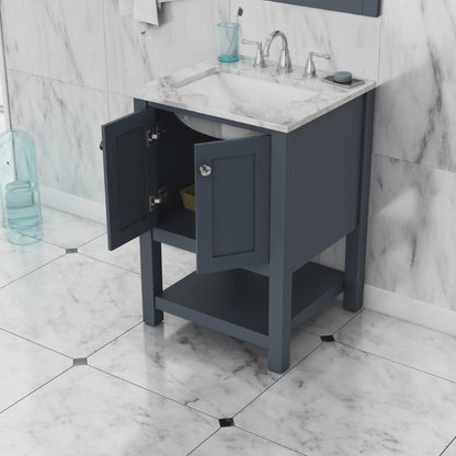 Alya Bath Wilmington 24" Single Gray Freestanding Bathroom Vanity With Carrara Marble Top, Ceramic Sink and Wall Mounted Mirror