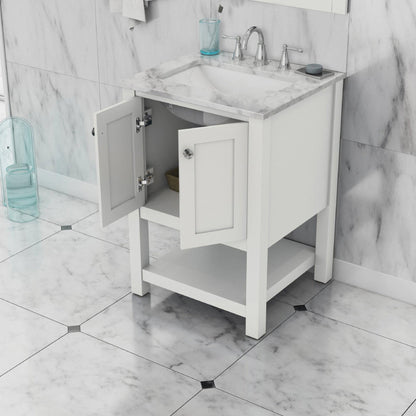 Alya Bath Wilmington 24" Single White Freestanding Single Bathroom Vanity With Carrara Marble Top, Ceramic Sink and Wall Mounted Mirror