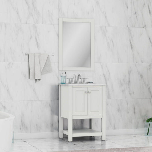 Alya Bath Wilmington 24" Single White Freestanding Single Bathroom Vanity With Carrara Marble Top, Ceramic Sink and Wall Mounted Mirror