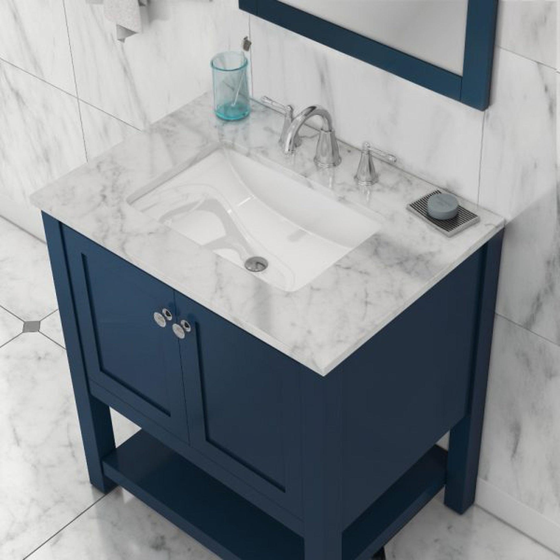 Alya Bath Wilmington 30" Single Blue Freestanding Bathroom Vanity With Carrara Marble Top, Ceramic Sink and Wall Mounted Mirror