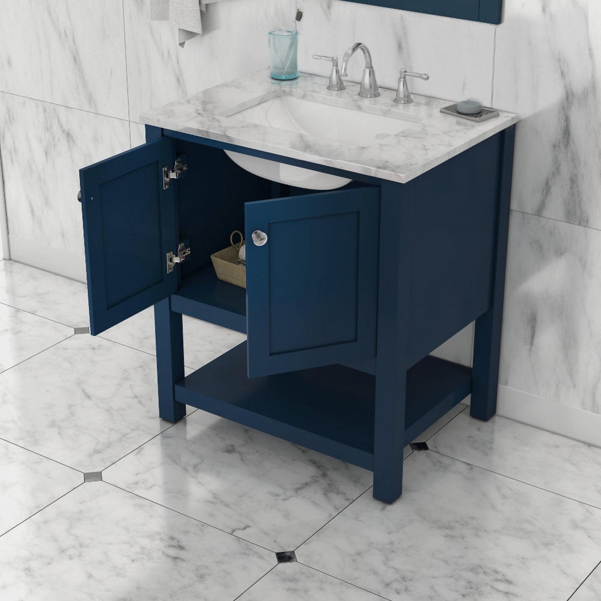 Alya Bath Wilmington 30" Single Blue Freestanding Bathroom Vanity With Carrara Marble Top, Ceramic Sink and Wall Mounted Mirror