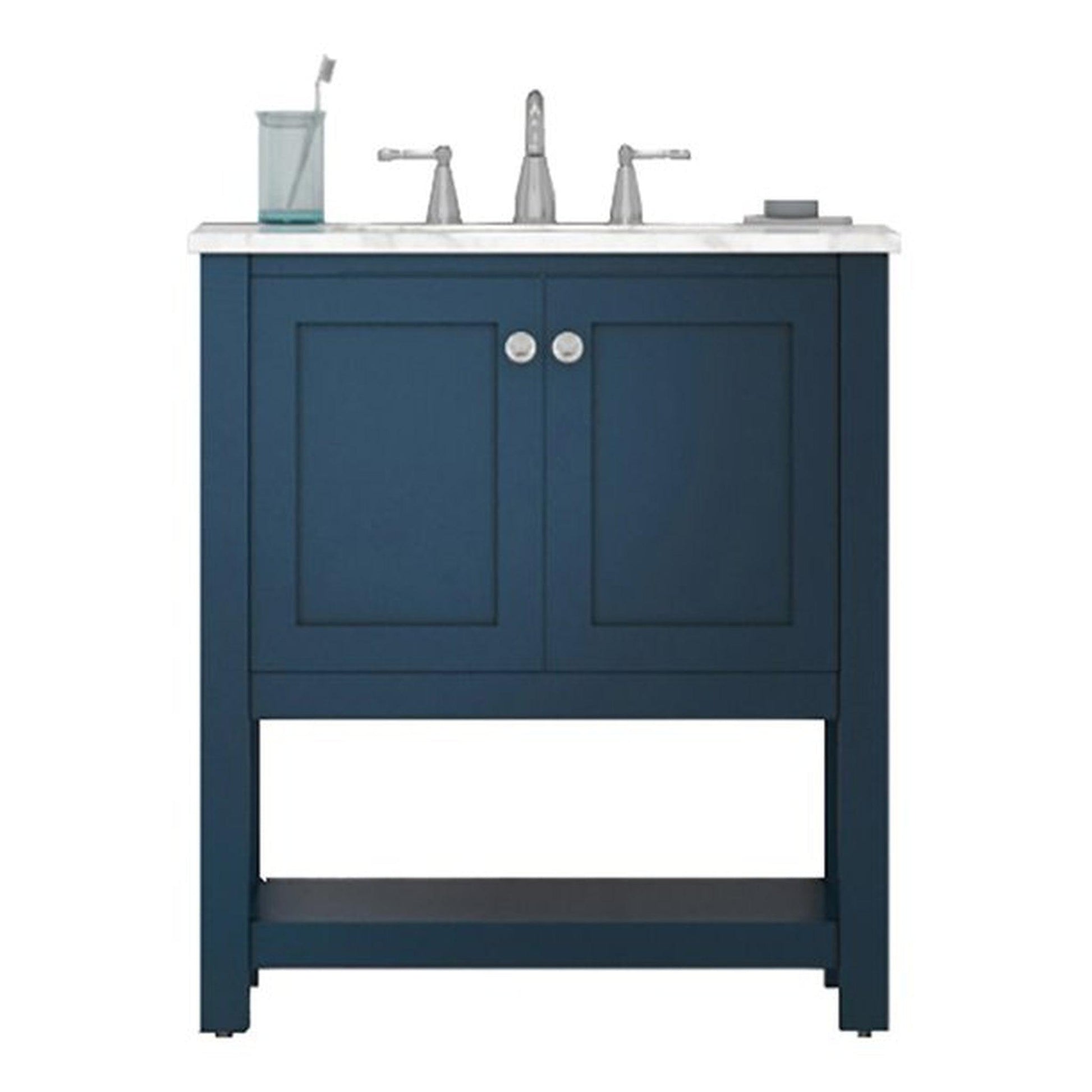 Alya Bath Wilmington 30" Single Blue Freestanding Bathroom Vanity With Carrara Marble Top, Ceramic Sink and Wall Mounted Mirror