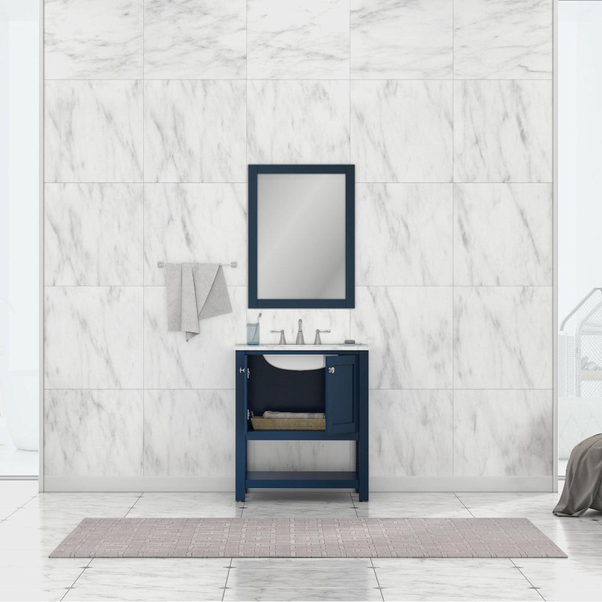 Alya Bath Wilmington 30" Single Blue Freestanding Bathroom Vanity With Carrara Marble Top, Ceramic Sink and Wall Mounted Mirror