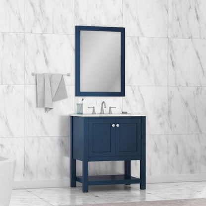 Alya Bath Wilmington 30" Single Blue Freestanding Bathroom Vanity With Carrara Marble Top, Ceramic Sink and Wall Mounted Mirror