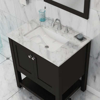 Alya Bath Wilmington 30" Single Espresso Freestanding Bathroom Vanity With Carrara Marble Top, Ceramic Sink And Wall Mounted Mirror