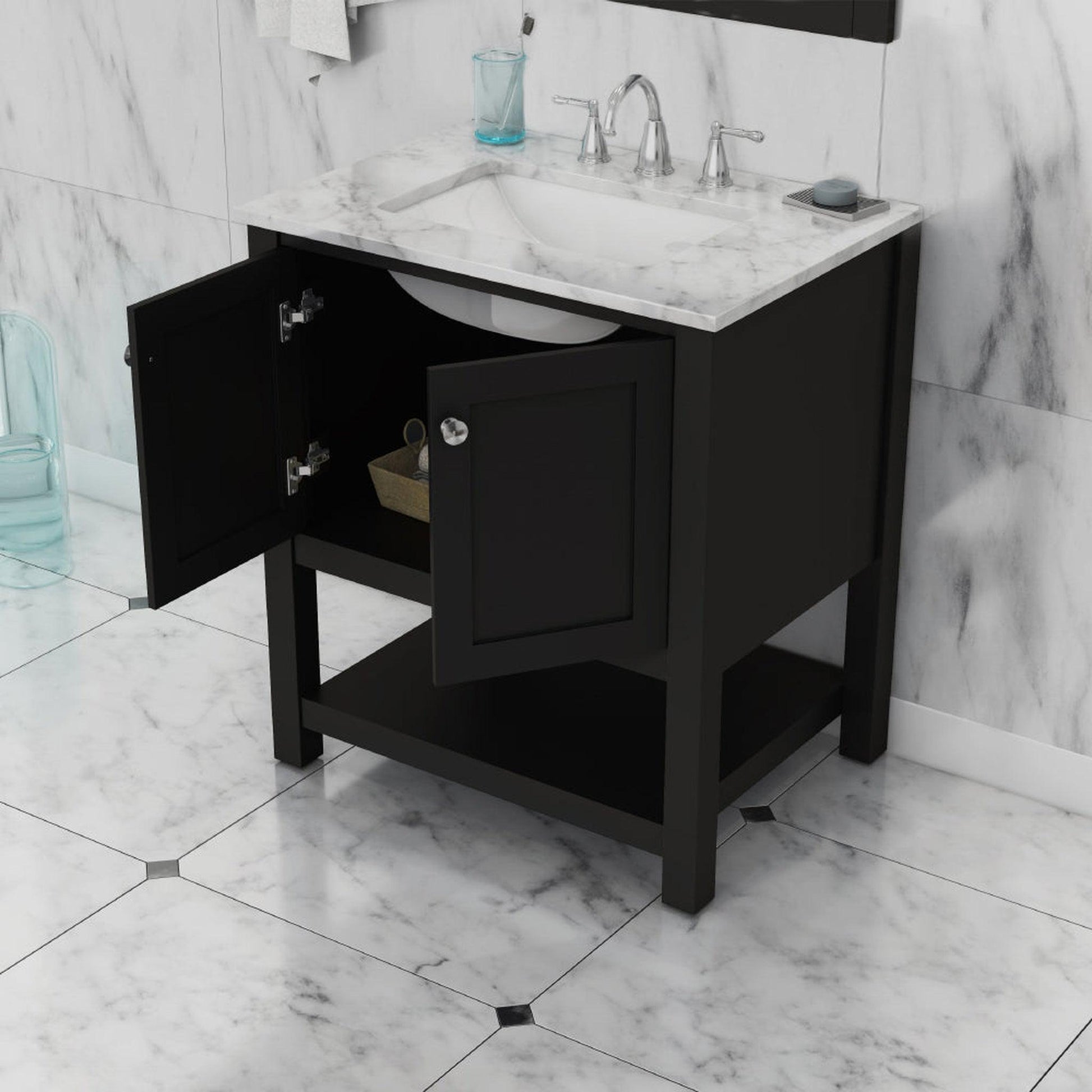 Alya Bath Wilmington 30" Single Espresso Freestanding Bathroom Vanity With Carrara Marble Top, Ceramic Sink And Wall Mounted Mirror