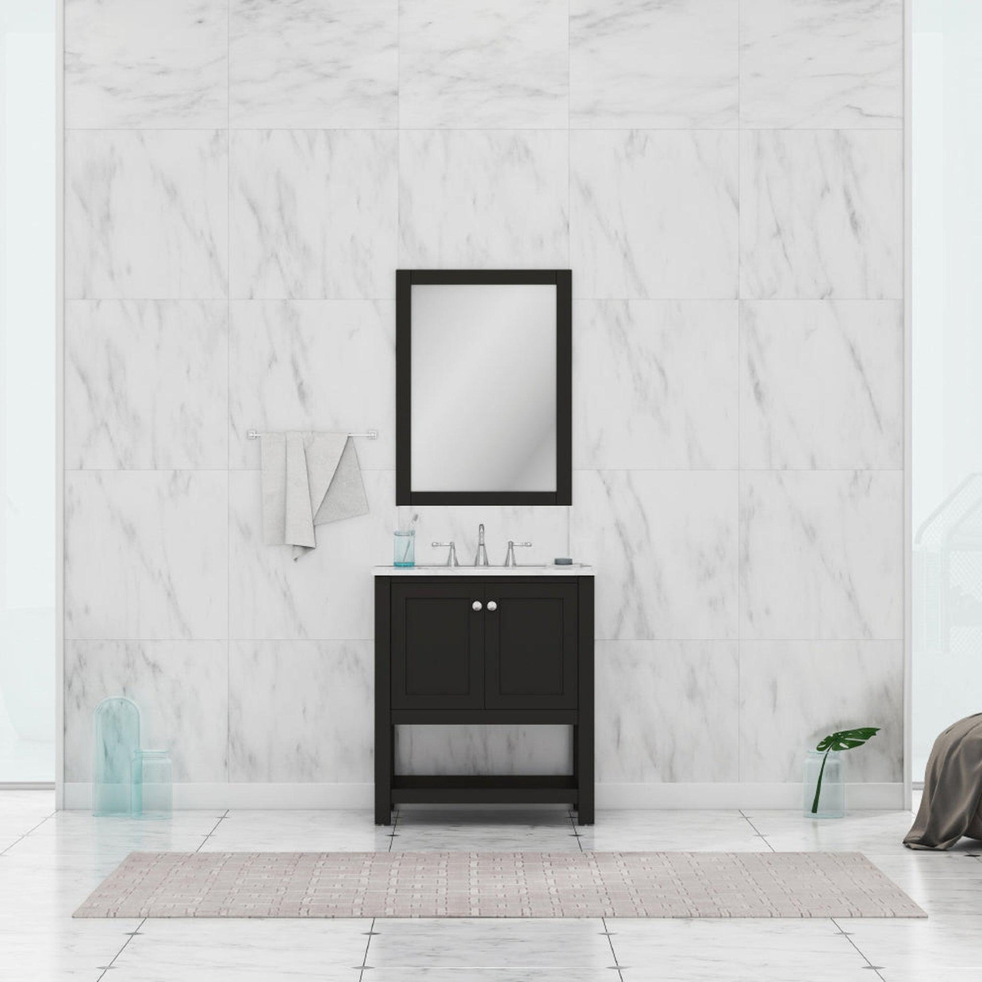 Alya Bath Wilmington 30" Single Espresso Freestanding Bathroom Vanity With Carrara Marble Top, Ceramic Sink And Wall Mounted Mirror