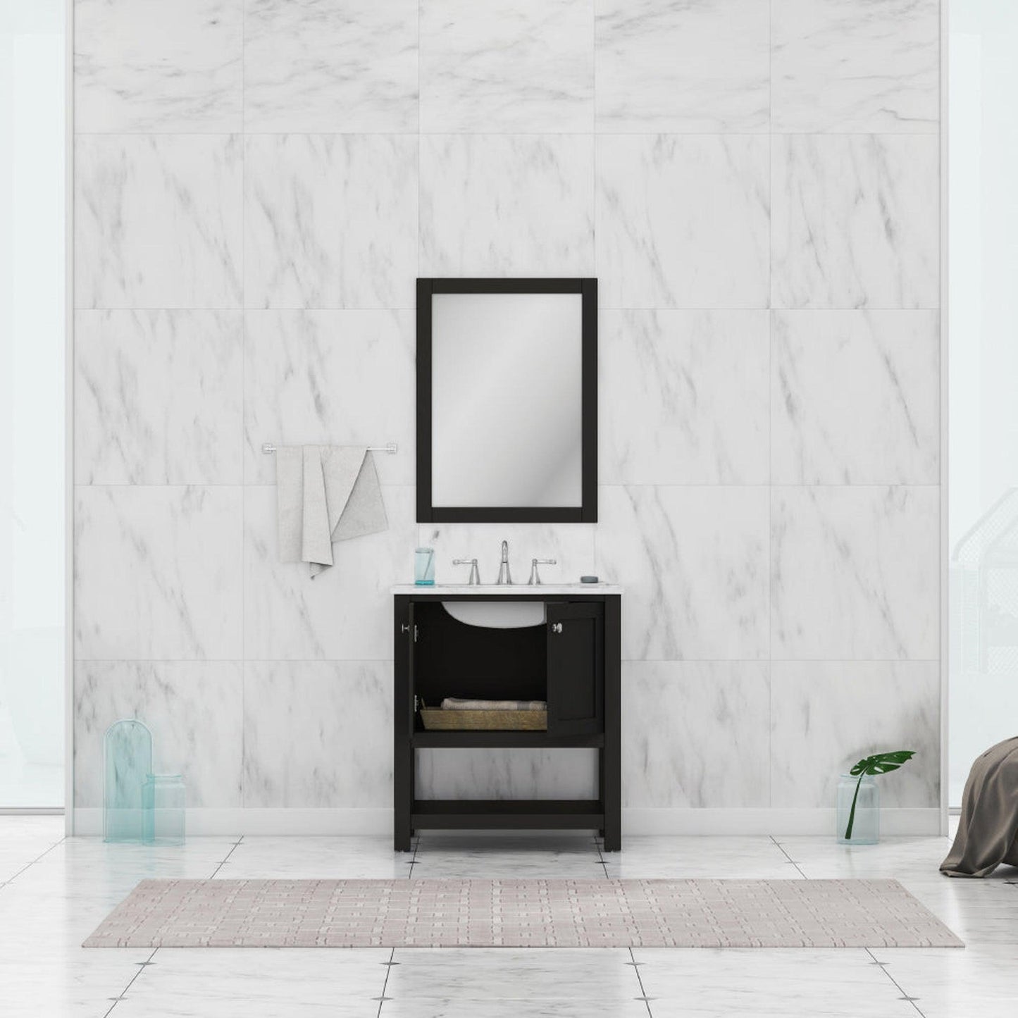 Alya Bath Wilmington 30" Single Espresso Freestanding Bathroom Vanity With Carrara Marble Top, Ceramic Sink And Wall Mounted Mirror