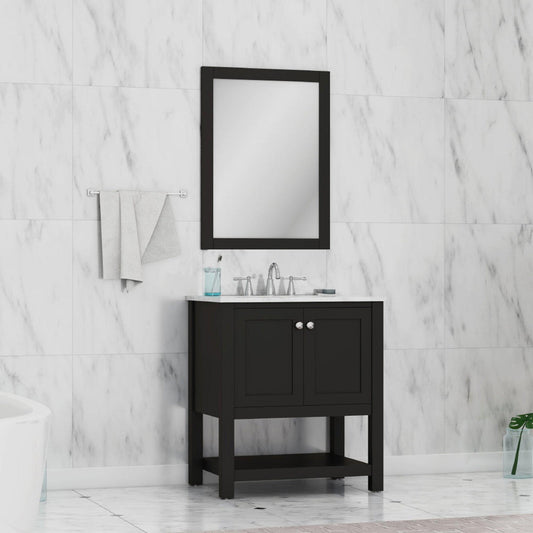 Alya Bath Wilmington 30" Single Espresso Freestanding Bathroom Vanity With Carrara Marble Top, Ceramic Sink And Wall Mounted Mirror