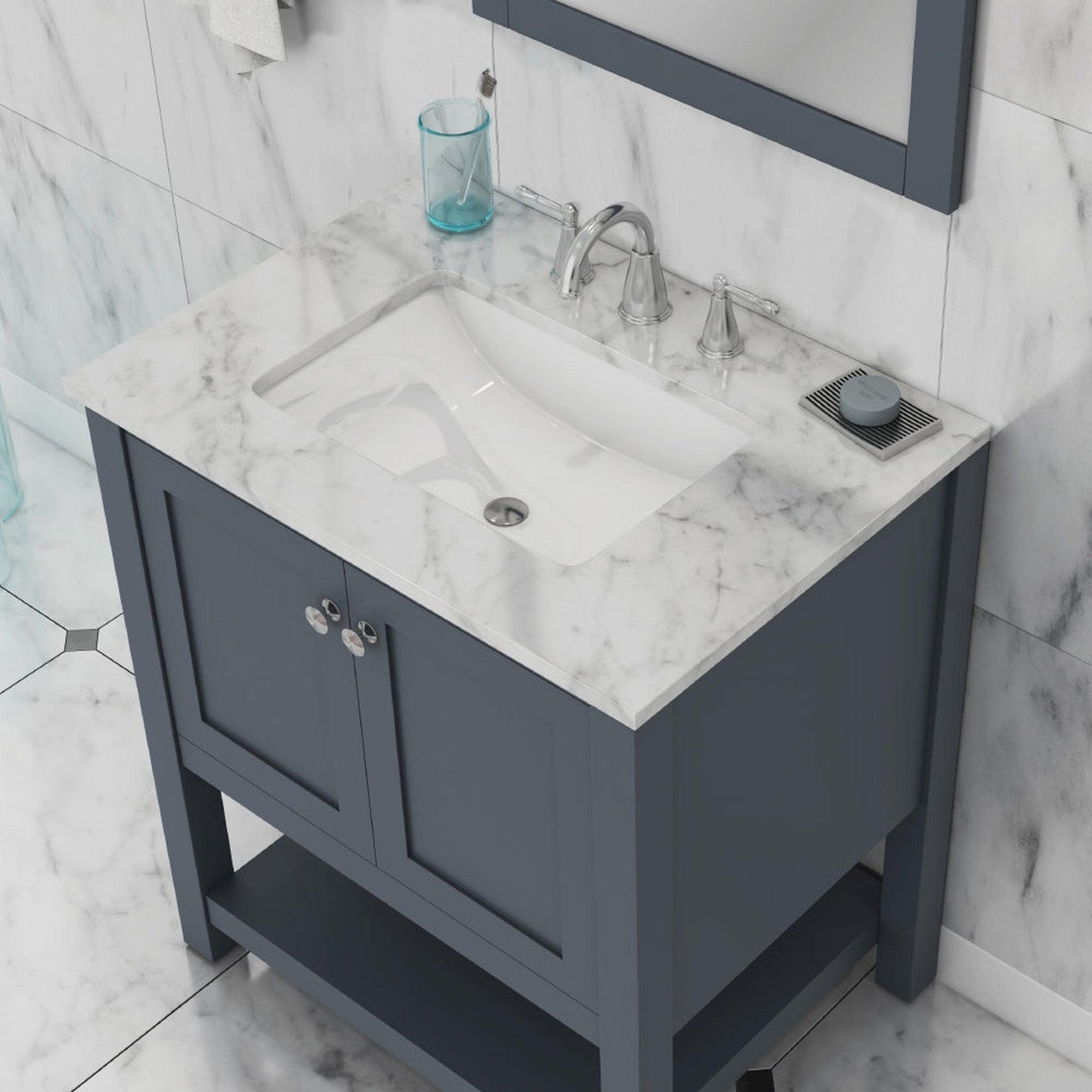 Alya Bath Wilmington 30" Single Gray Freestanding Bathroom Vanity With Carrara Marble Top, Ceramic Sink and Wall Mounted Mirror
