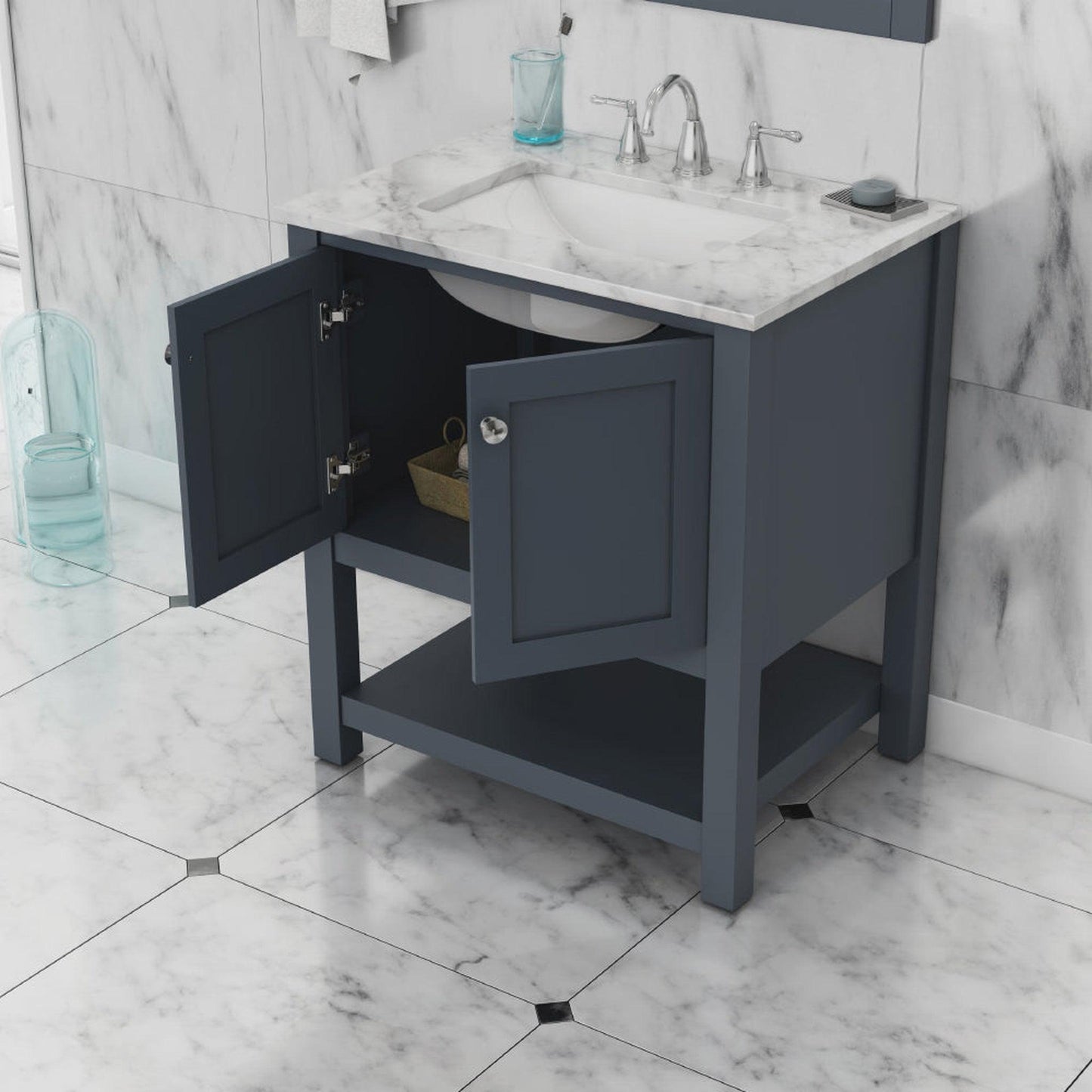 Alya Bath Wilmington 30" Single Gray Freestanding Bathroom Vanity With Carrara Marble Top, Ceramic Sink and Wall Mounted Mirror