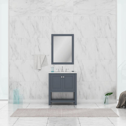 Alya Bath Wilmington 30" Single Gray Freestanding Bathroom Vanity With Carrara Marble Top, Ceramic Sink and Wall Mounted Mirror