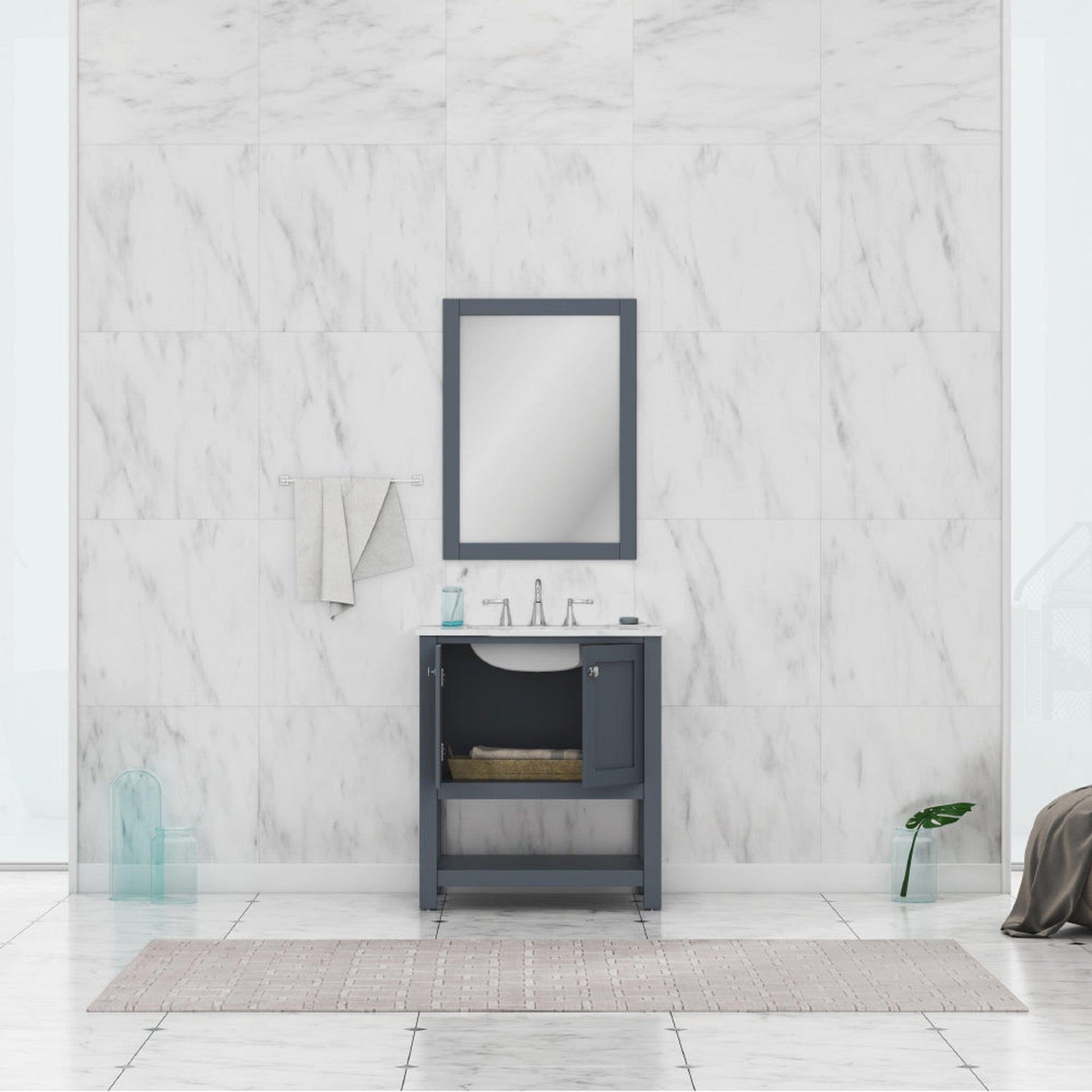 Alya Bath Wilmington 30" Single Gray Freestanding Bathroom Vanity With Carrara Marble Top, Ceramic Sink and Wall Mounted Mirror