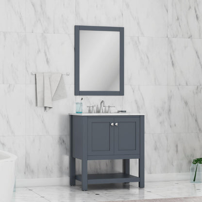 Alya Bath Wilmington 30" Single Gray Freestanding Bathroom Vanity With Carrara Marble Top, Ceramic Sink and Wall Mounted Mirror