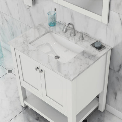 Alya Bath Wilmington 30" Single White Freestanding Bathroom Vanity With Carrara Marble Top, Ceramic Sink and Wall Mounted Mirror