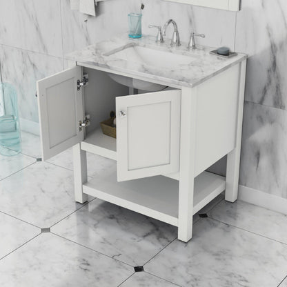 Alya Bath Wilmington 30" Single White Freestanding Bathroom Vanity With Carrara Marble Top, Ceramic Sink and Wall Mounted Mirror