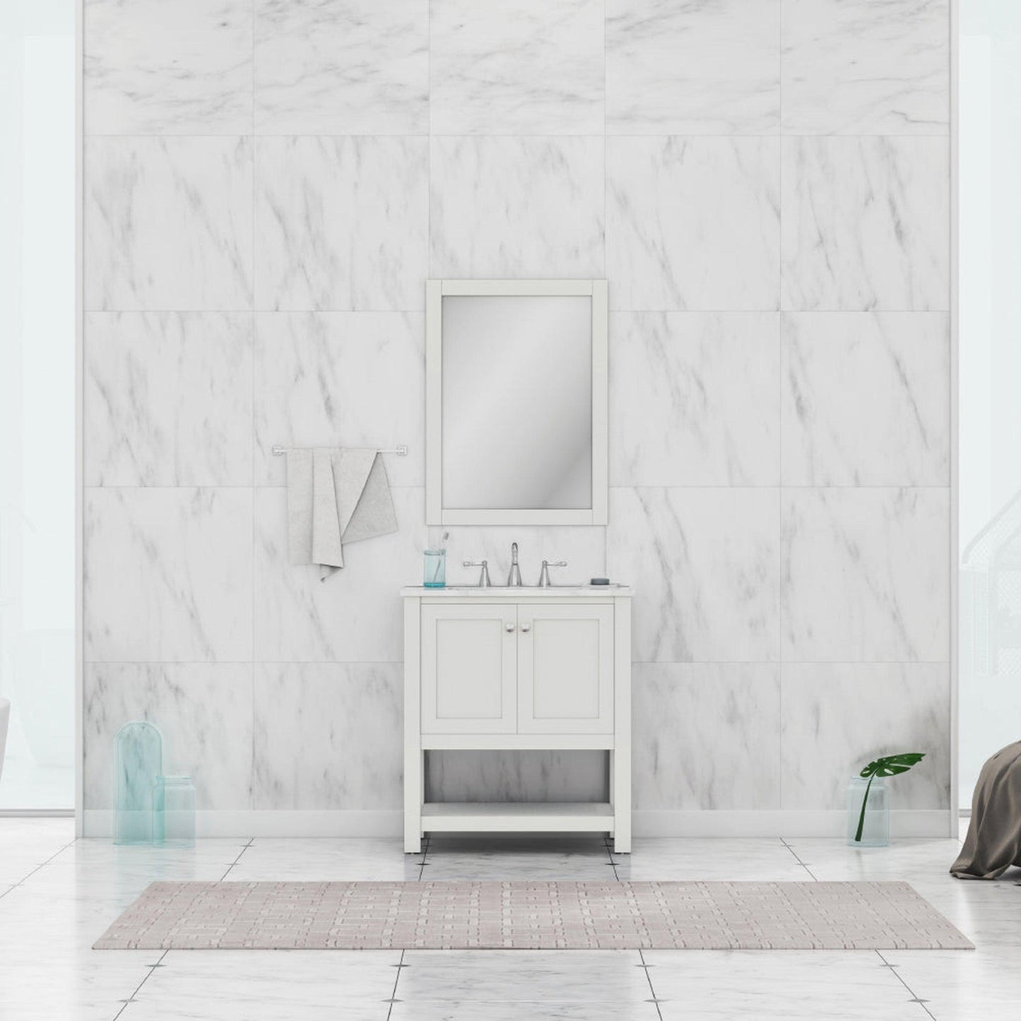 Alya Bath Wilmington 30" Single White Freestanding Bathroom Vanity With Carrara Marble Top, Ceramic Sink and Wall Mounted Mirror