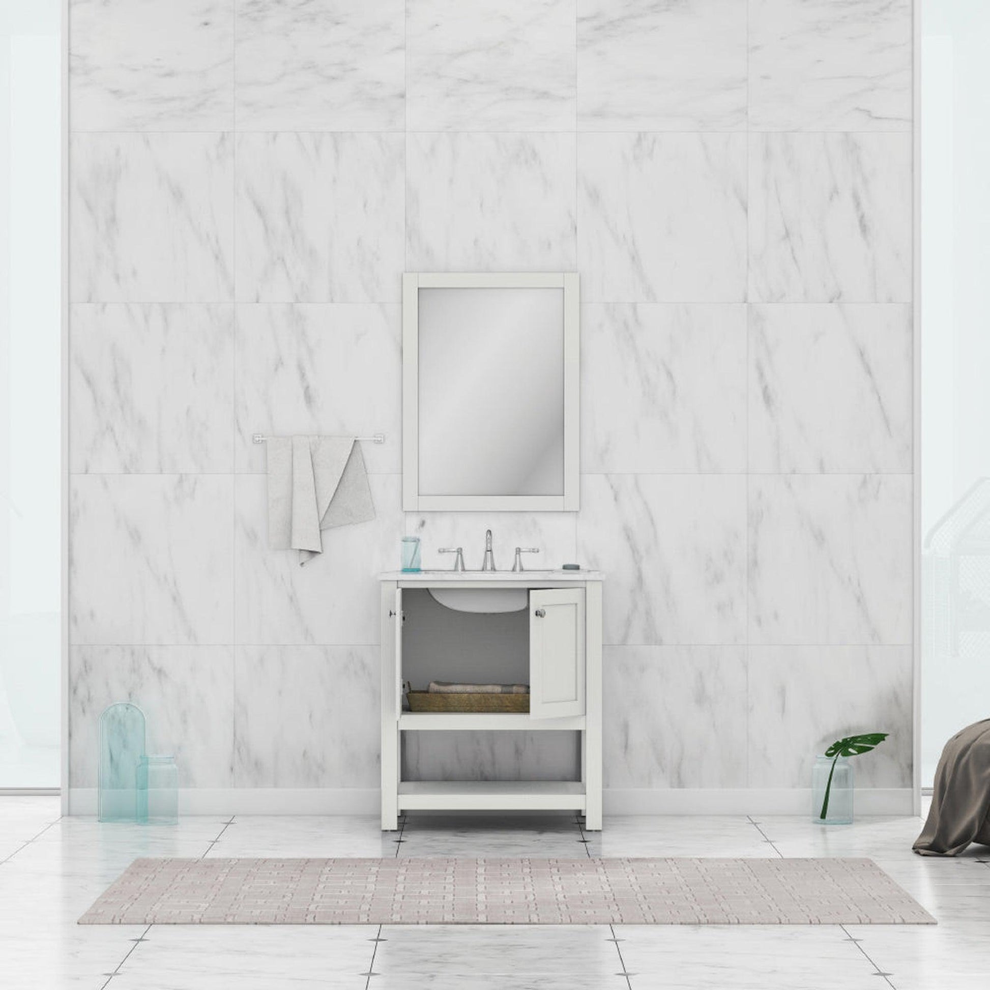 Alya Bath Wilmington 30" Single White Freestanding Bathroom Vanity With Carrara Marble Top, Ceramic Sink and Wall Mounted Mirror