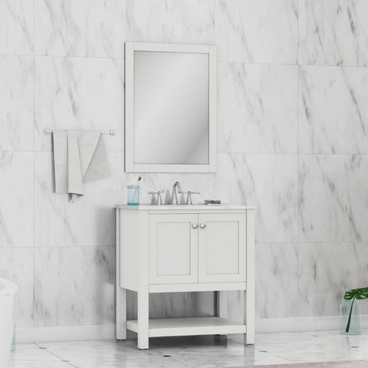 Alya Bath Wilmington 30" Single White Freestanding Bathroom Vanity With Carrara Marble Top, Ceramic Sink and Wall Mounted Mirror