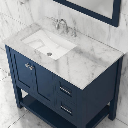 Alya Bath Wilmington 36" Single Blue Freestanding Bathroom Vanity With Carrara Marble Top, Ceramic Sink and Wall Mounted Mirror