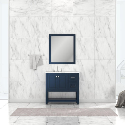 Alya Bath Wilmington 36" Single Blue Freestanding Bathroom Vanity With Carrara Marble Top, Ceramic Sink and Wall Mounted Mirror
