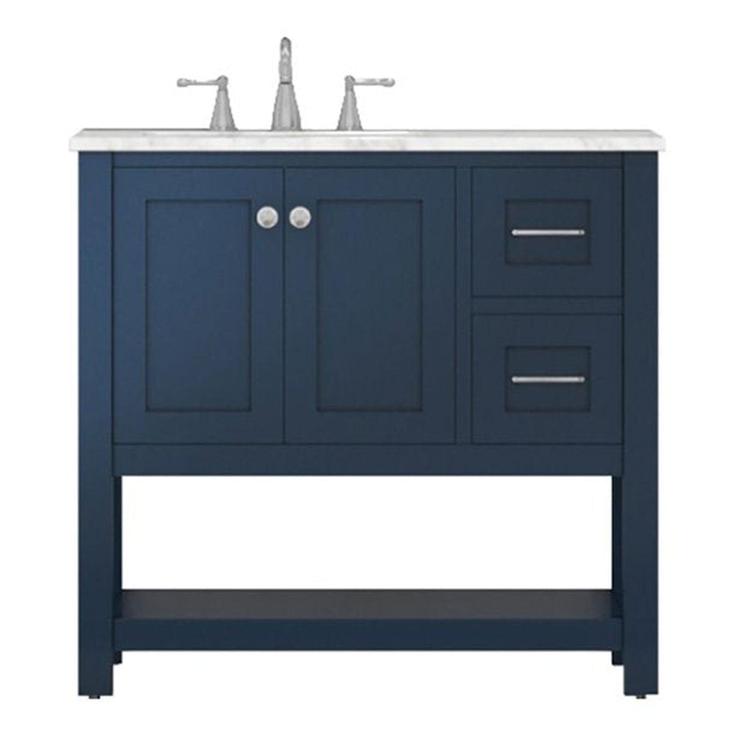 Alya Bath Wilmington 36" Single Blue Freestanding Bathroom Vanity With Carrara Marble Top, Ceramic Sink and Wall Mounted Mirror