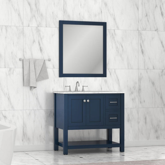 Alya Bath Wilmington 36" Single Blue Freestanding Bathroom Vanity With Carrara Marble Top, Ceramic Sink and Wall Mounted Mirror