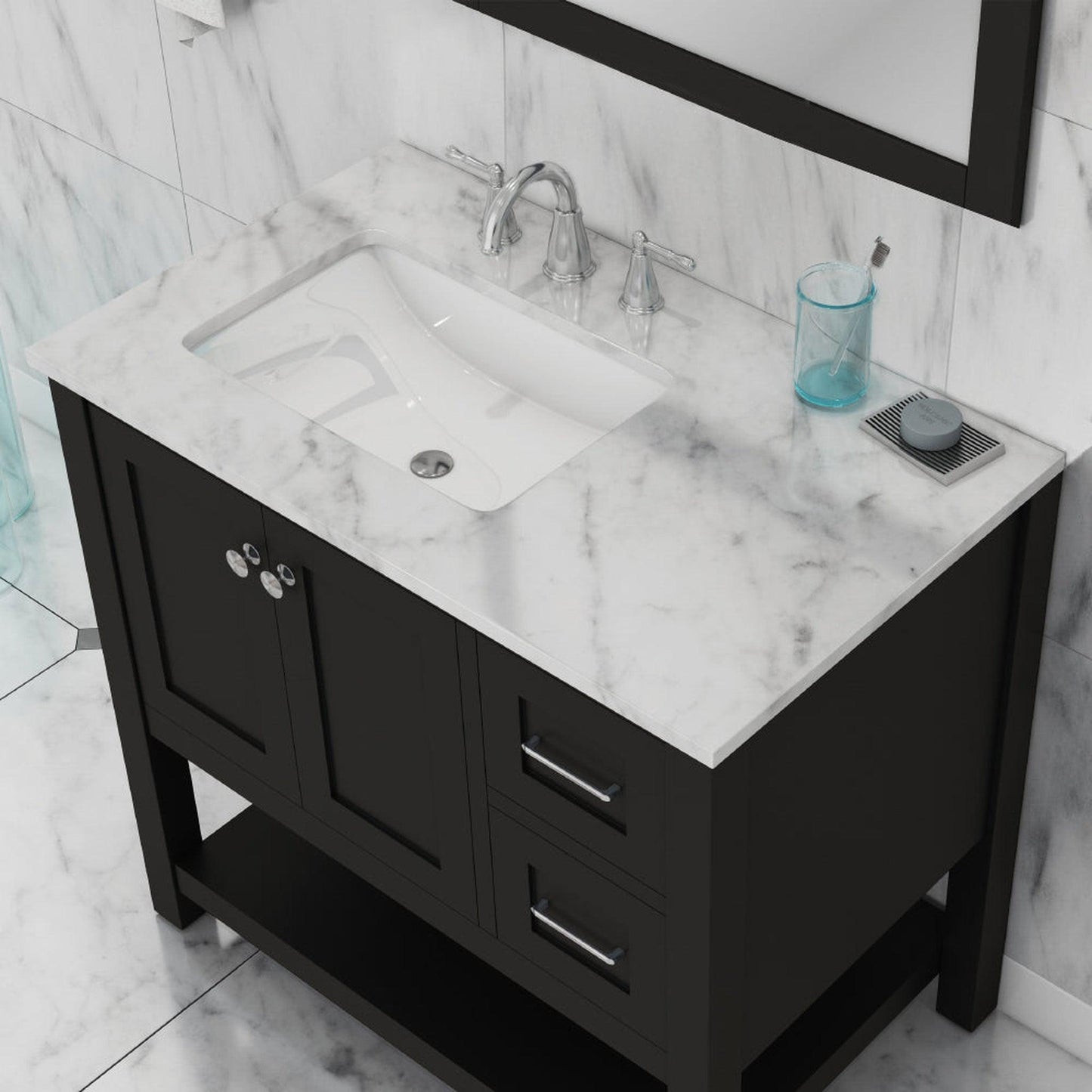 Alya Bath Wilmington 36" Single Espresso Freestanding Bathroom Vanity With Carrara Marble Top, Ceramic Sink and Wall Mounted Mirror