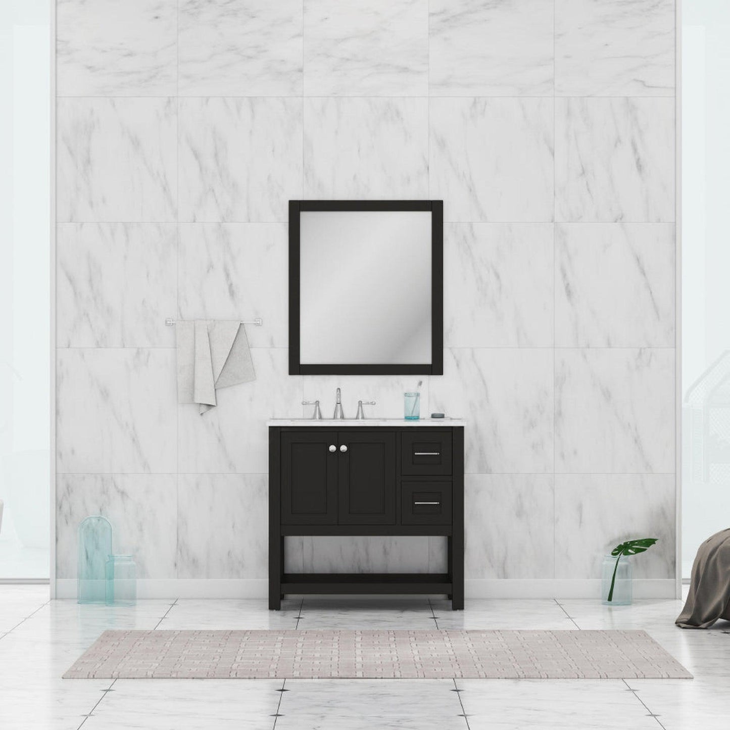 Alya Bath Wilmington 36" Single Espresso Freestanding Bathroom Vanity With Carrara Marble Top, Ceramic Sink and Wall Mounted Mirror