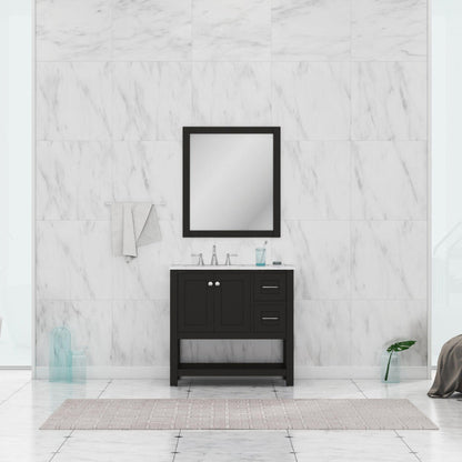 Alya Bath Wilmington 36" Single Espresso Freestanding Bathroom Vanity With Carrara Marble Top, Ceramic Sink and Wall Mounted Mirror