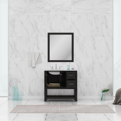 Alya Bath Wilmington 36" Single Espresso Freestanding Bathroom Vanity With Carrara Marble Top, Ceramic Sink and Wall Mounted Mirror